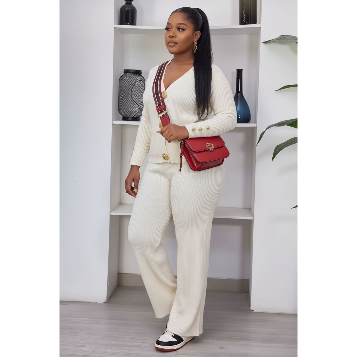 Knitted Button-Front Cardigan & Wide-Leg Pant