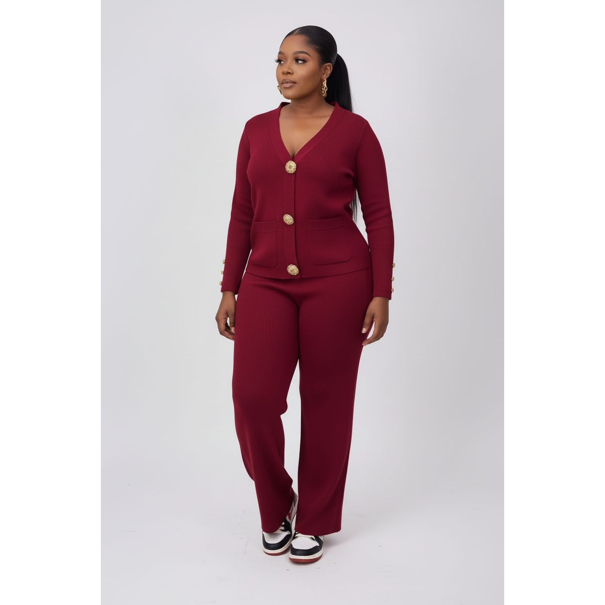 Knitted Button-Front Cardigan & Wide-Leg Pant