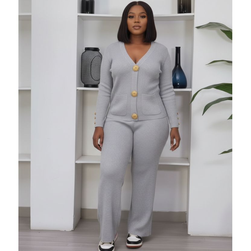 Knitted Button-Front Cardigan & Wide-Leg Pant