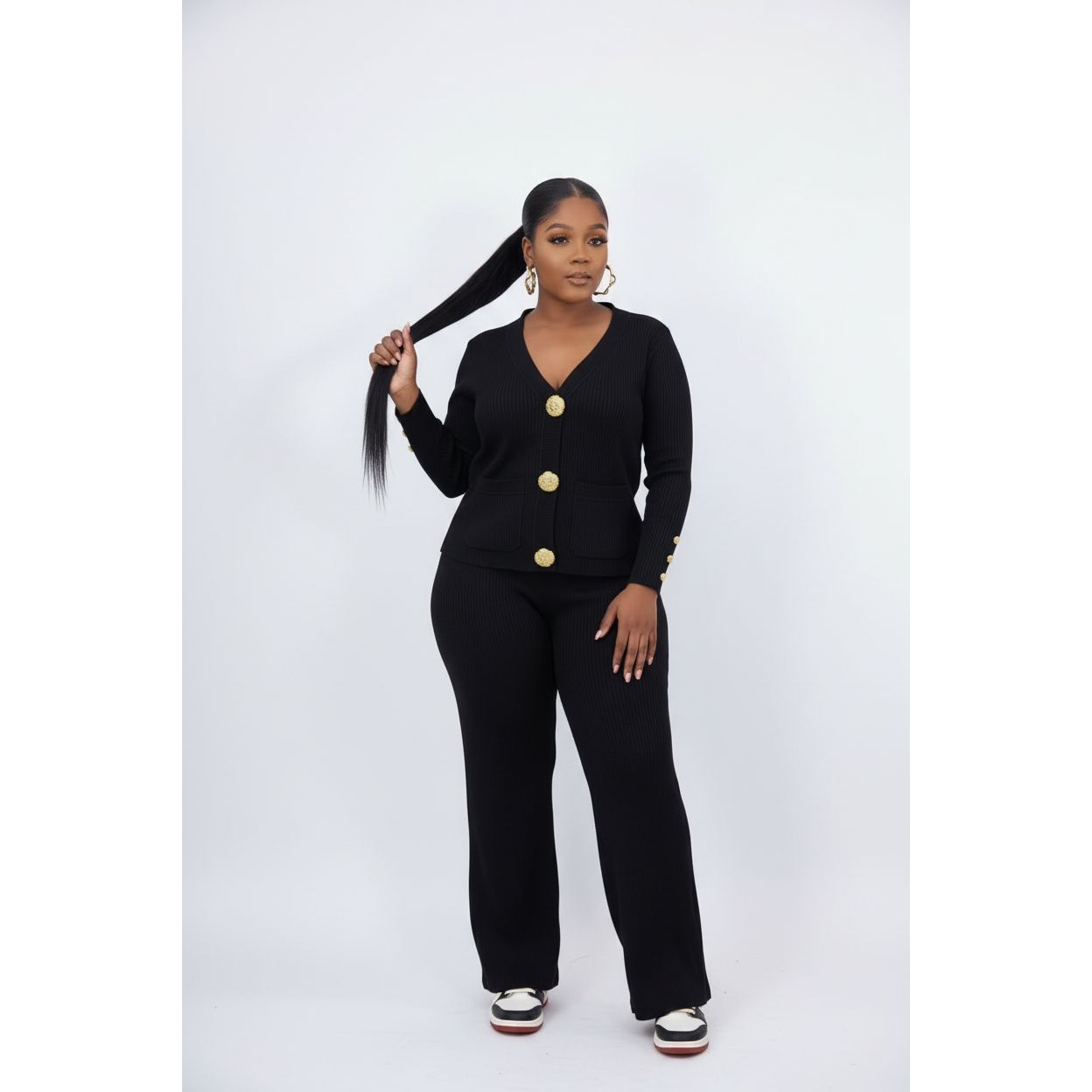 Knitted Button-Front Cardigan & Wide-Leg Pant