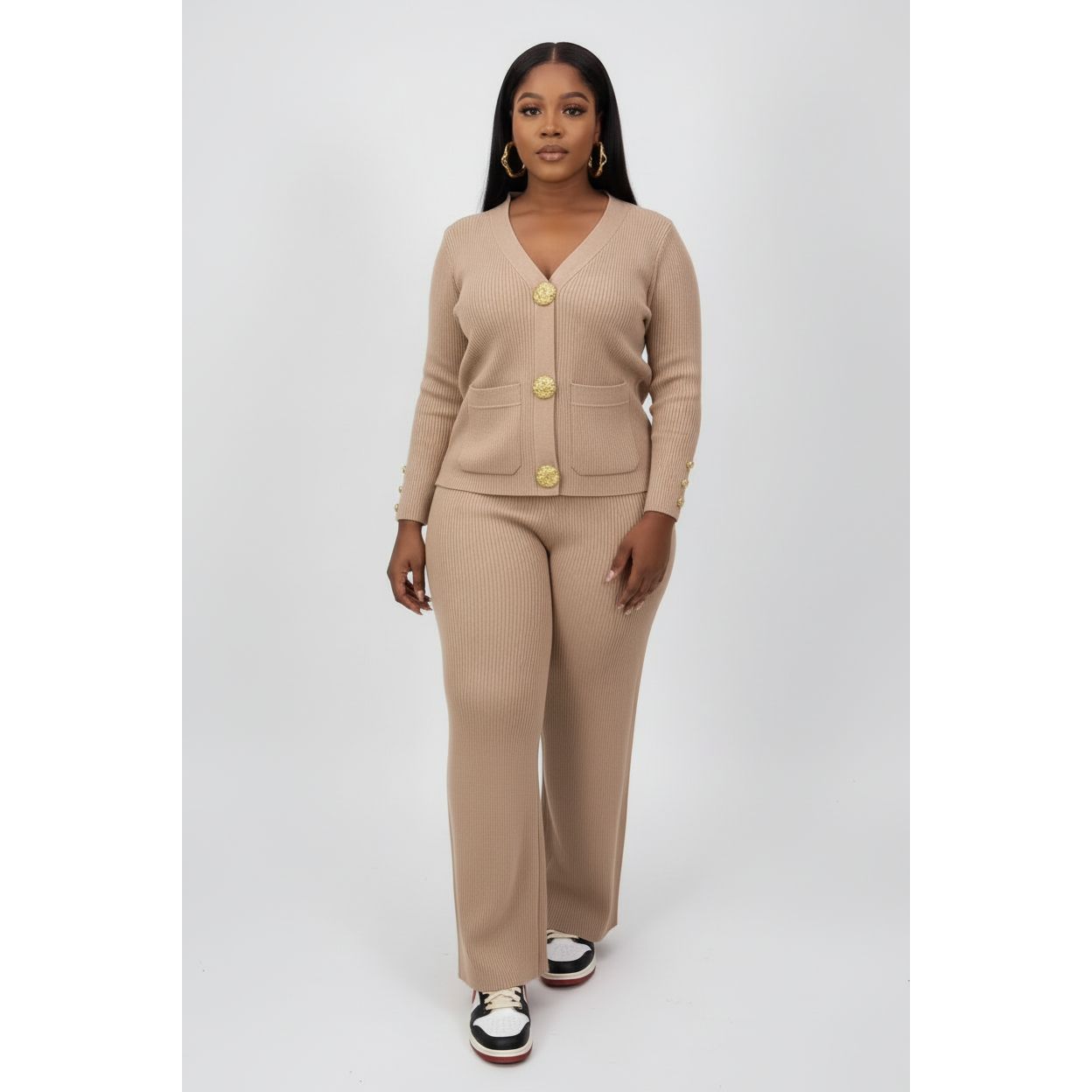 Knitted Button-Front Cardigan & Wide-Leg Pant