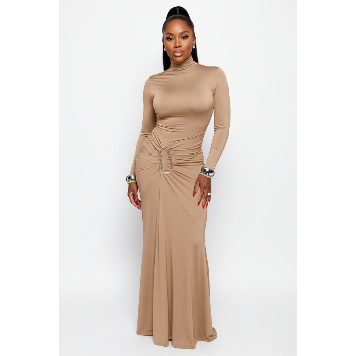 Elegant Long Sleeve Mock-Neck Maxi Dresses