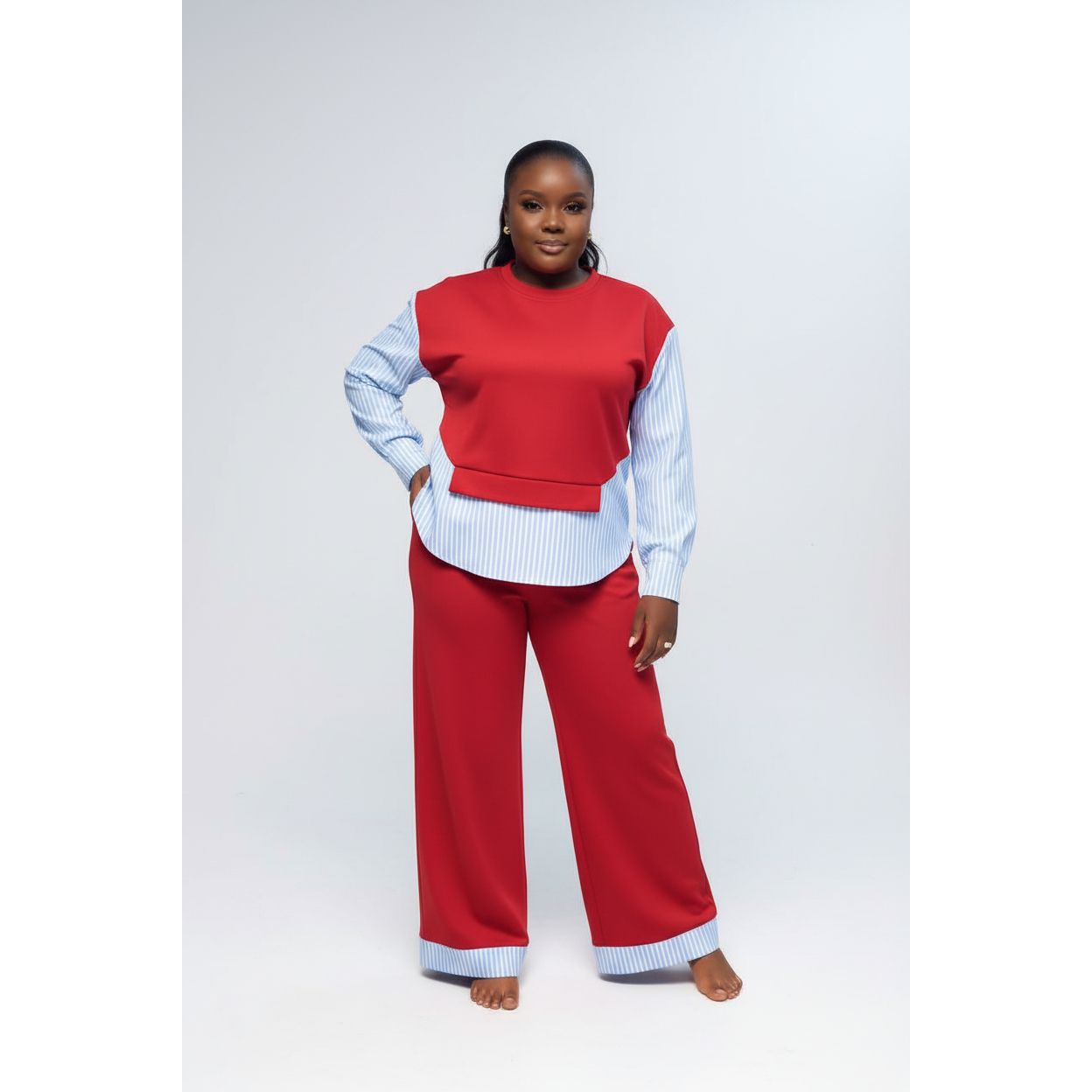 Striped Sweatshirt Top & High-Waisted Wide-Leg Pants