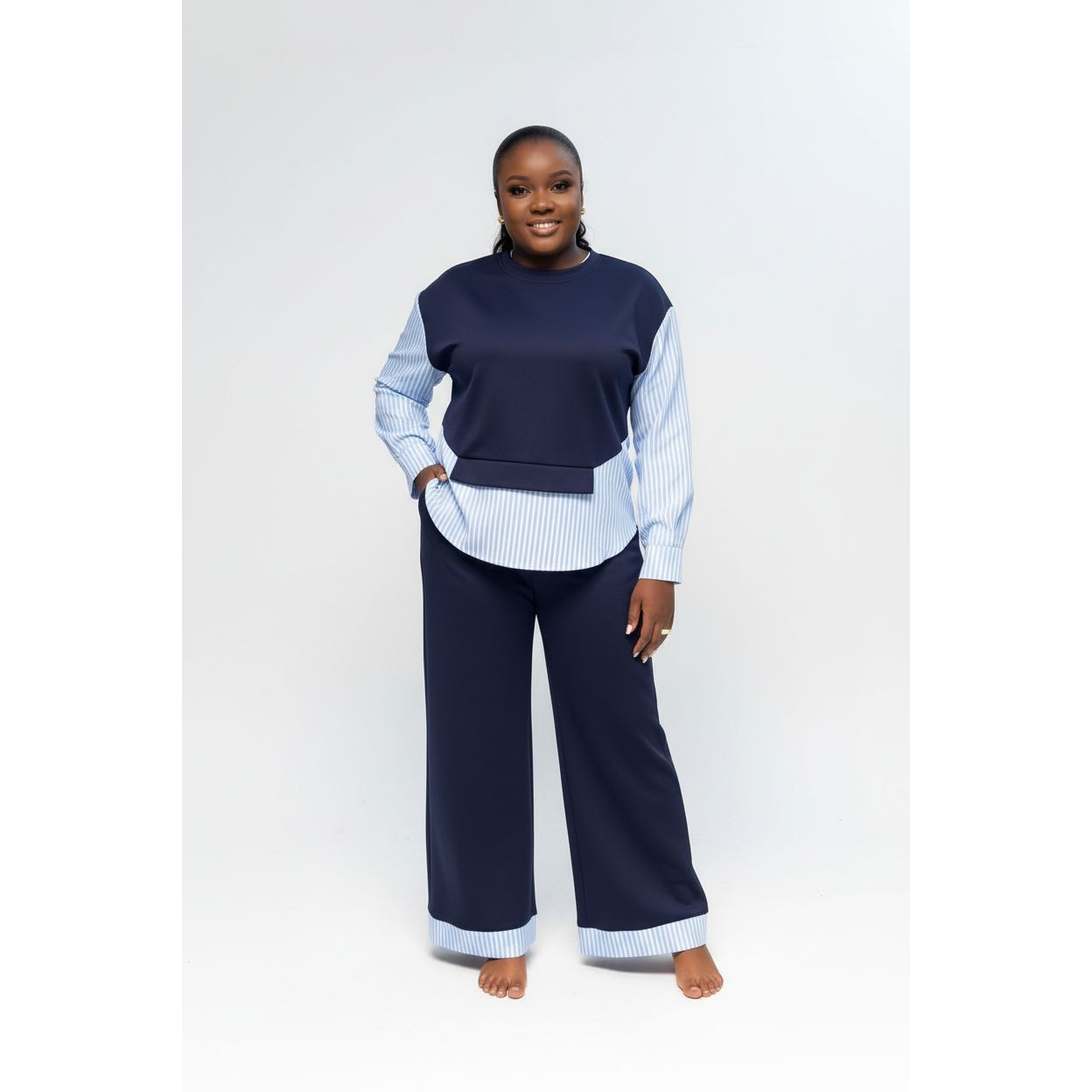 Striped Sweatshirt Top & High-Waisted Wide-Leg Pants