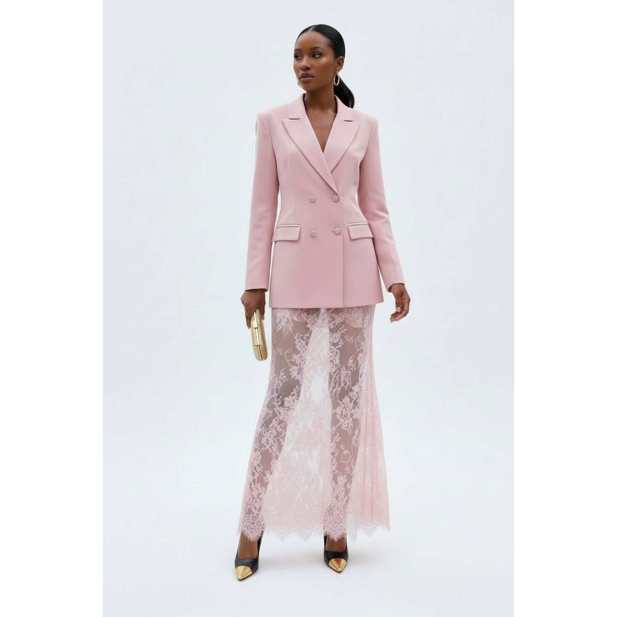 Double-Breasted Blazer & Sheer Lace Skirt Set