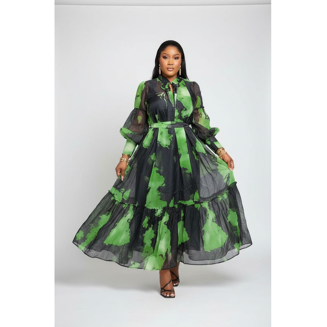 Plus Size Sheer Tie-Dye Print Maxi Dress