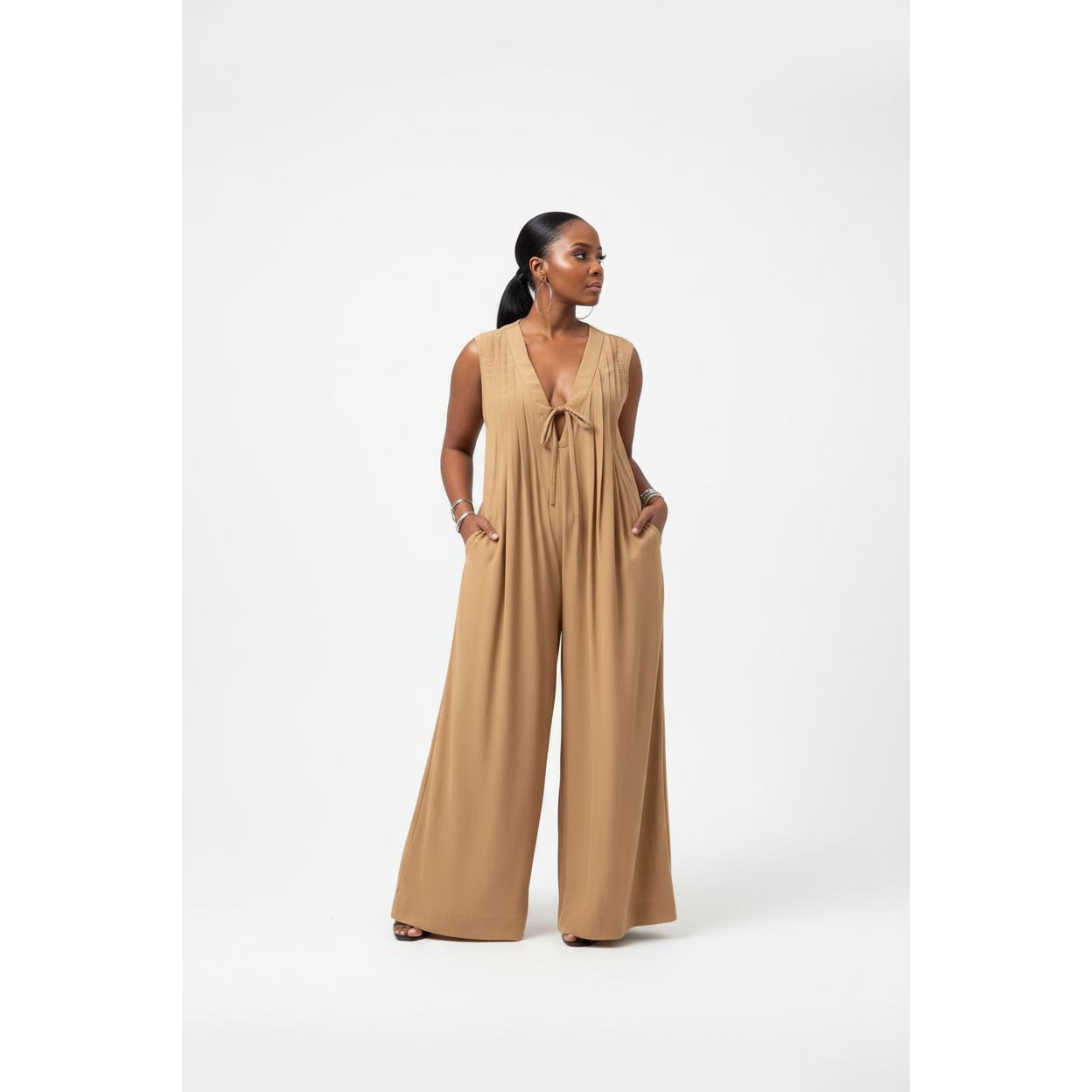 Sleeveless Tie-Front Detail Wide-Leg Jumpsuit
