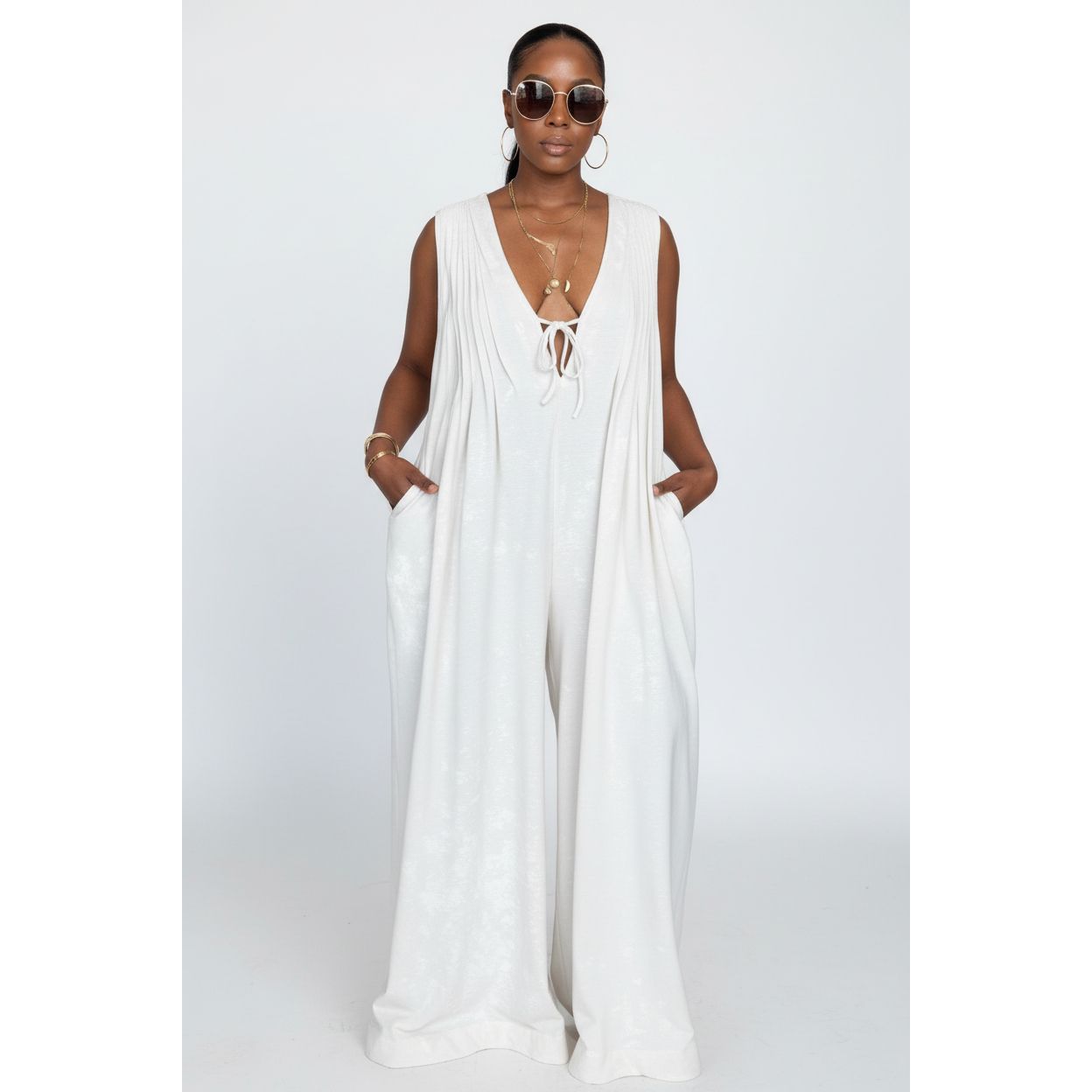 Sleeveless Tie-Front Detail Wide-Leg Jumpsuit