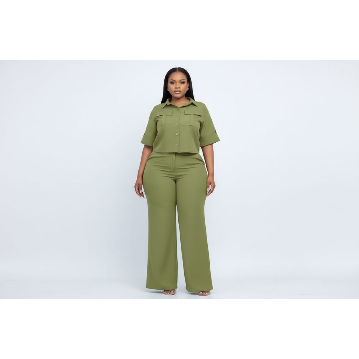 Button-Front Short-Sleeve Shirt & Wide-Leg Pants