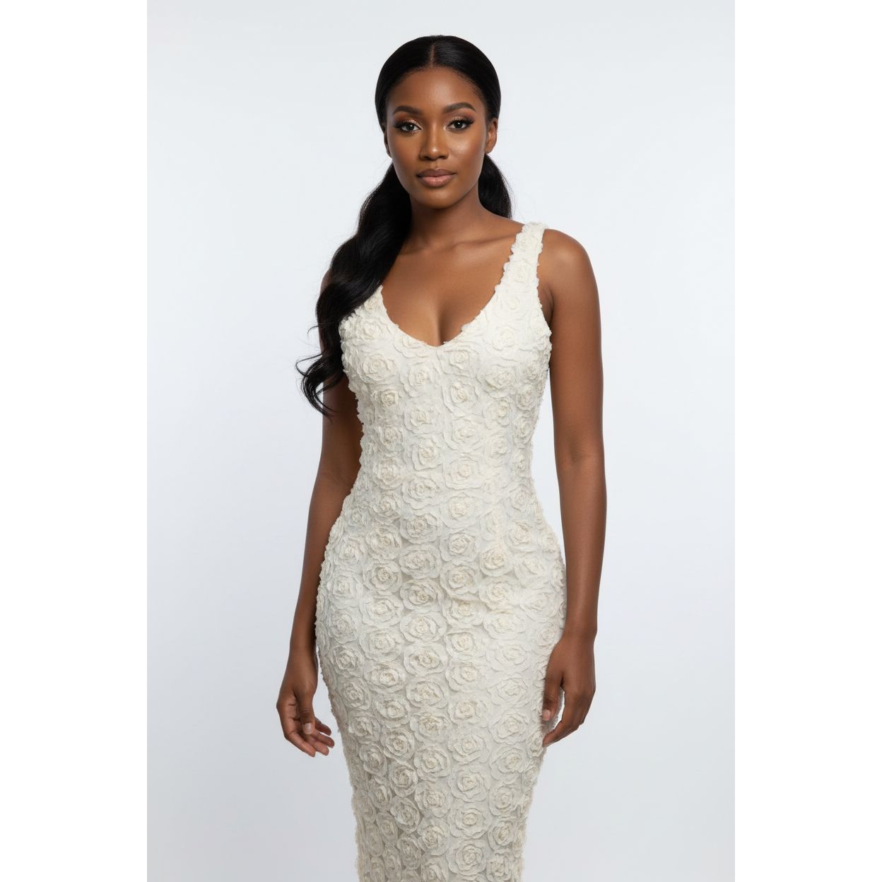 Floral 3D V-neck Sleeveless Midi Dress