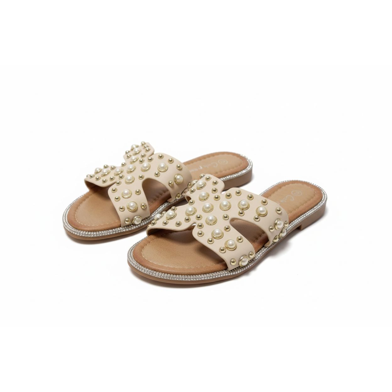 Pearl-Embellished Flat Slide Sandals