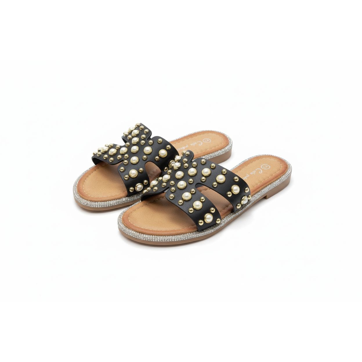 Pearl-Embellished Flat Slide Sandals