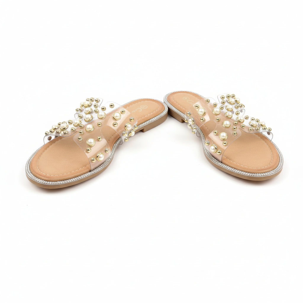 Pearl-Embellished Flat Slide Sandals