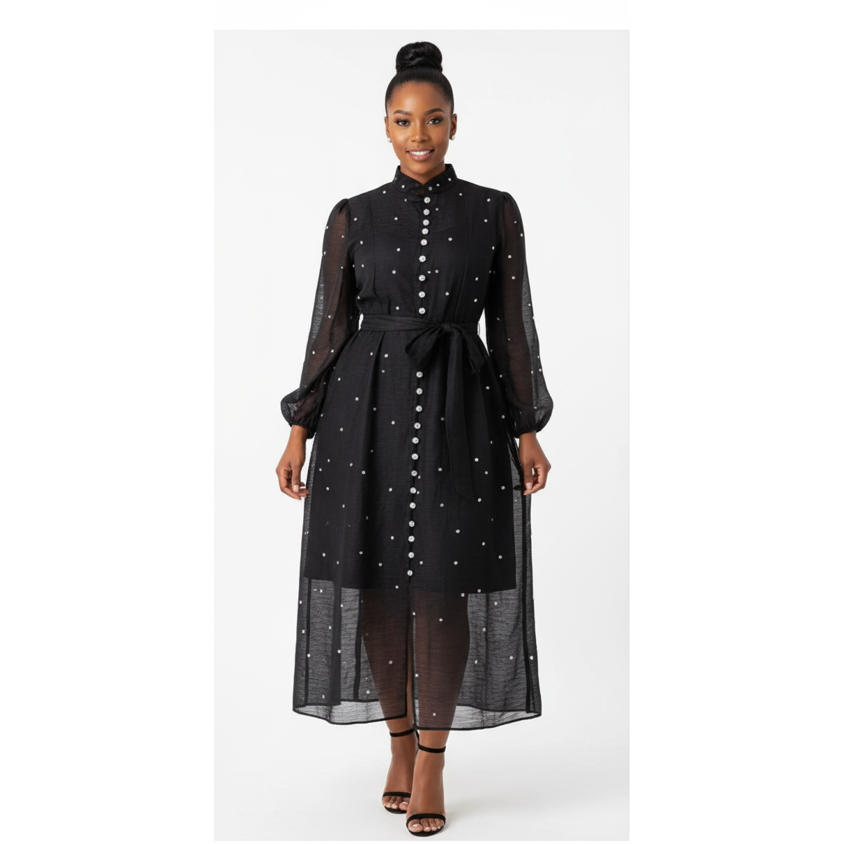 Floral Diamond Long Lantern Sleeve Single Evening Dress