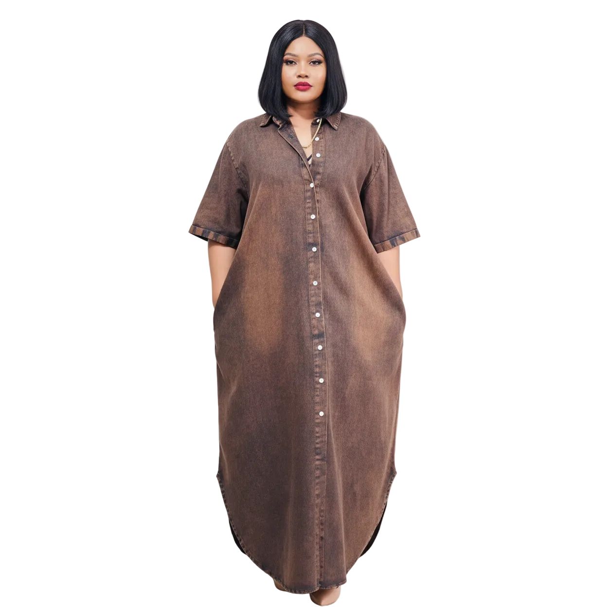 Plus Size Long Sleeve Brown Denim Dress