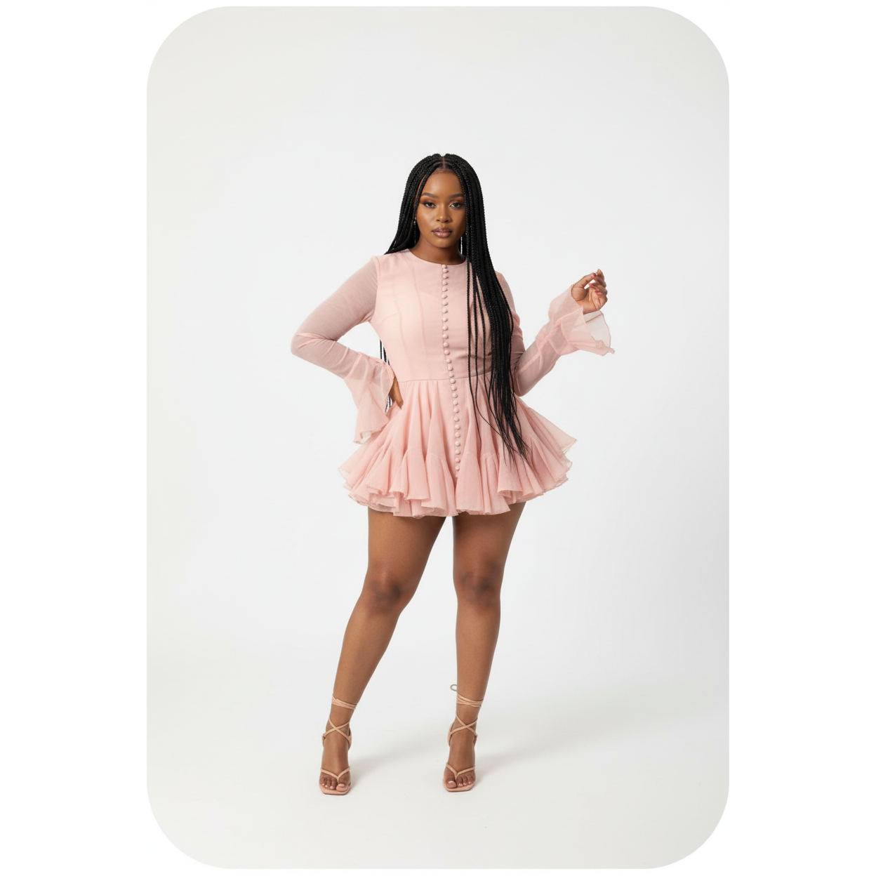 Buttoned Floral Bud Long Sleeve Slim Ruffle Dress