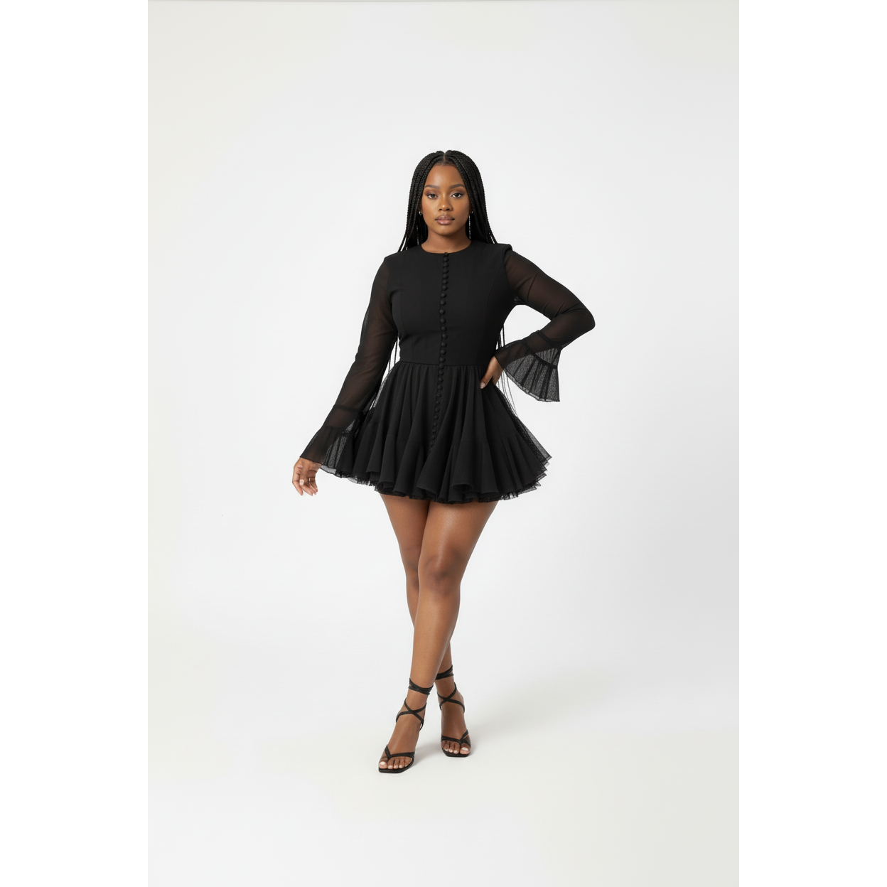 Buttoned Floral Bud Long Sleeve Slim Ruffle Dress