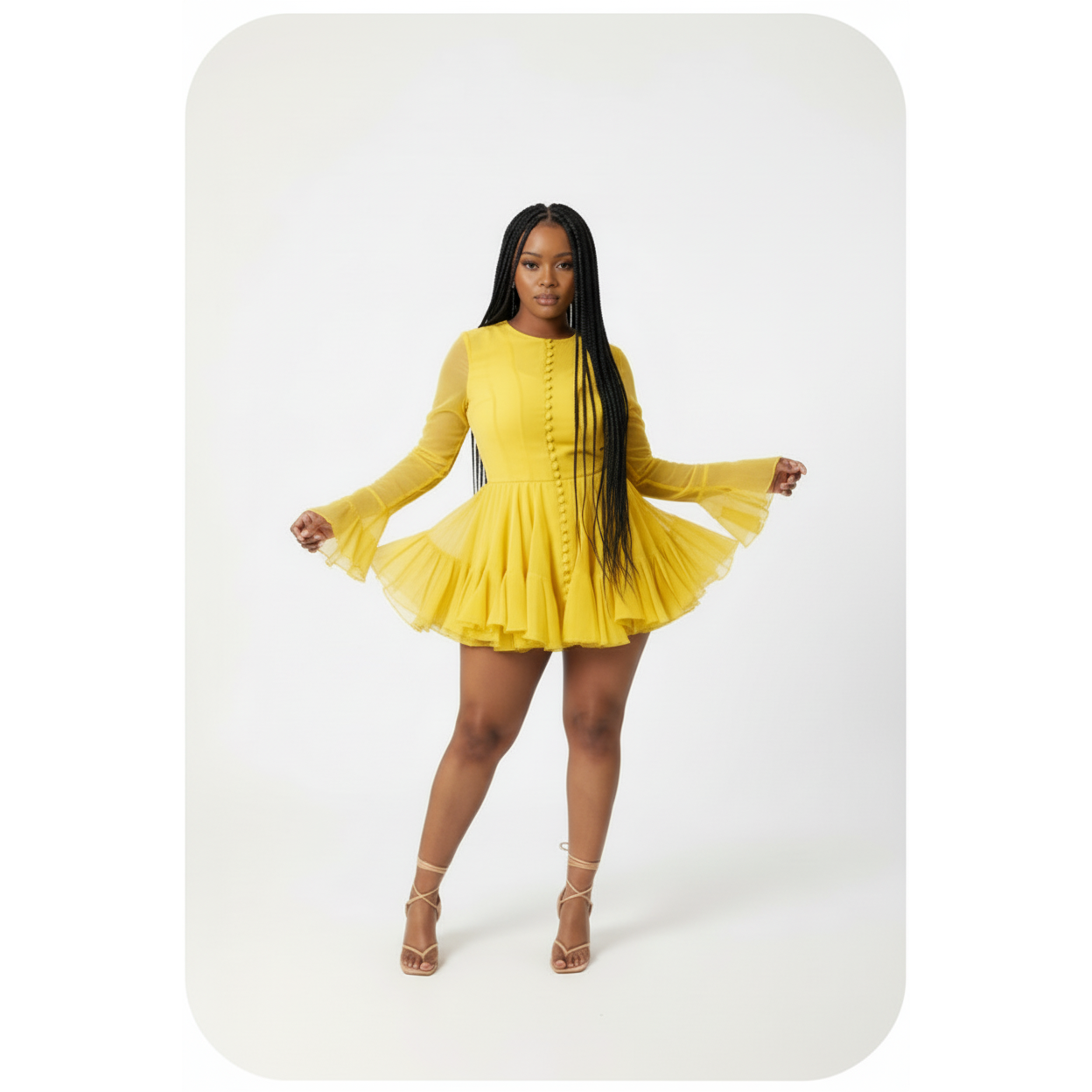 Buttoned Floral Bud Long Sleeve Slim Ruffle Dress