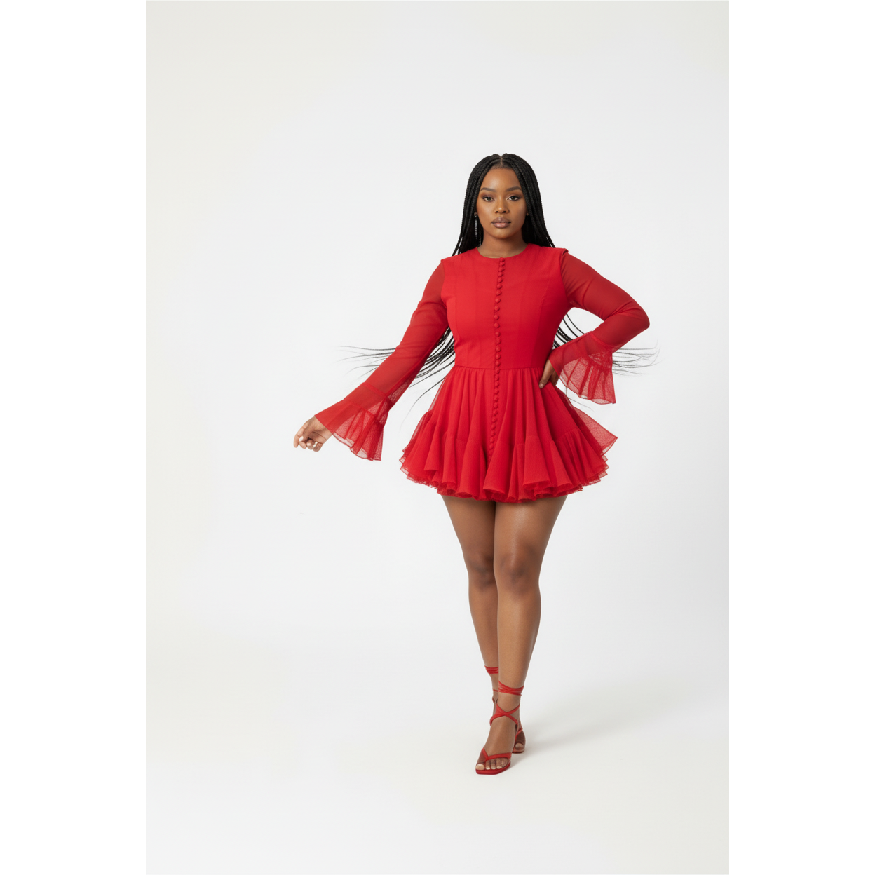 Buttoned Floral Bud Long Sleeve Slim Ruffle Dress