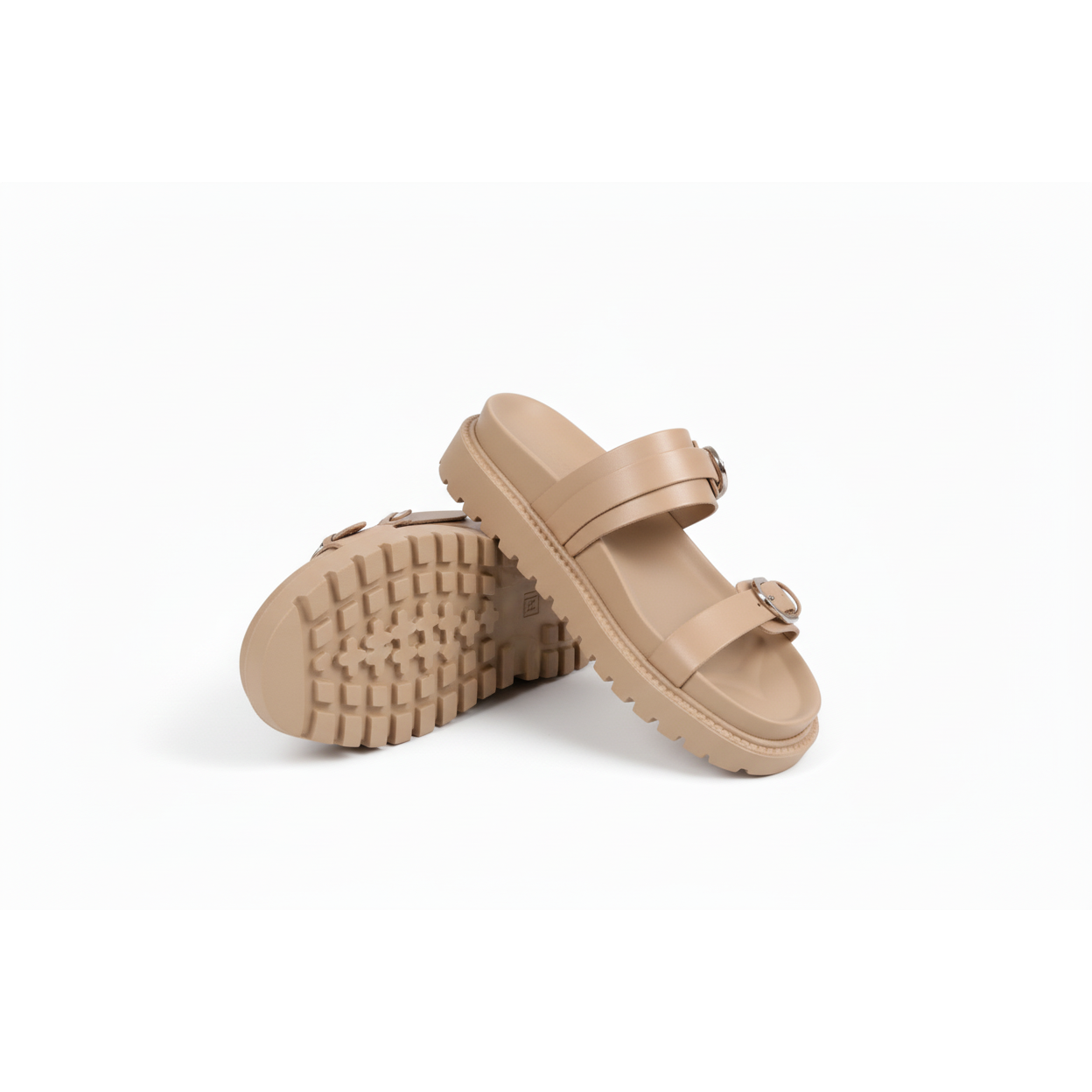 Flat Double Buckle Straps Open Toe Leather Sandals