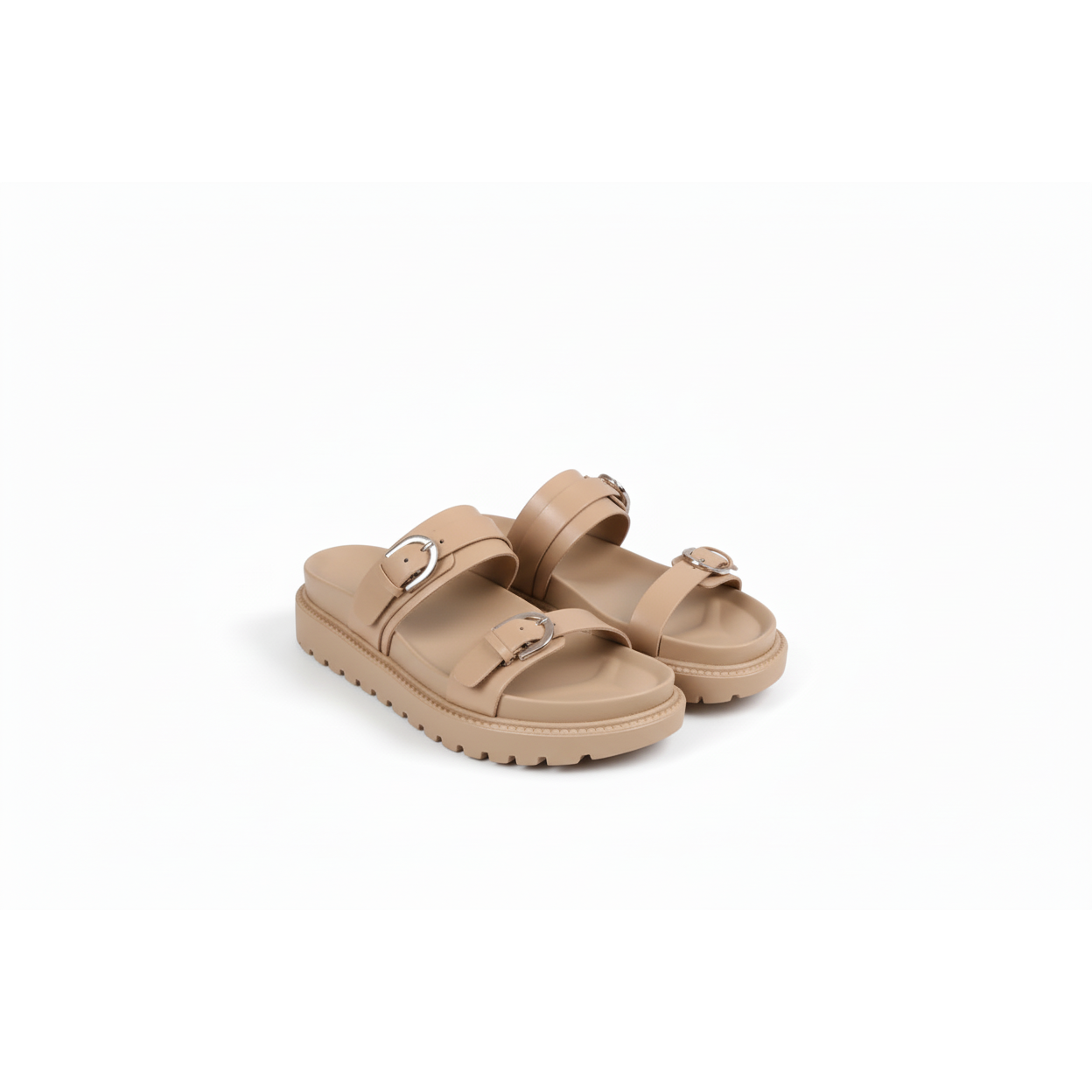 Flat Double Buckle Straps Open Toe Leather Sandals