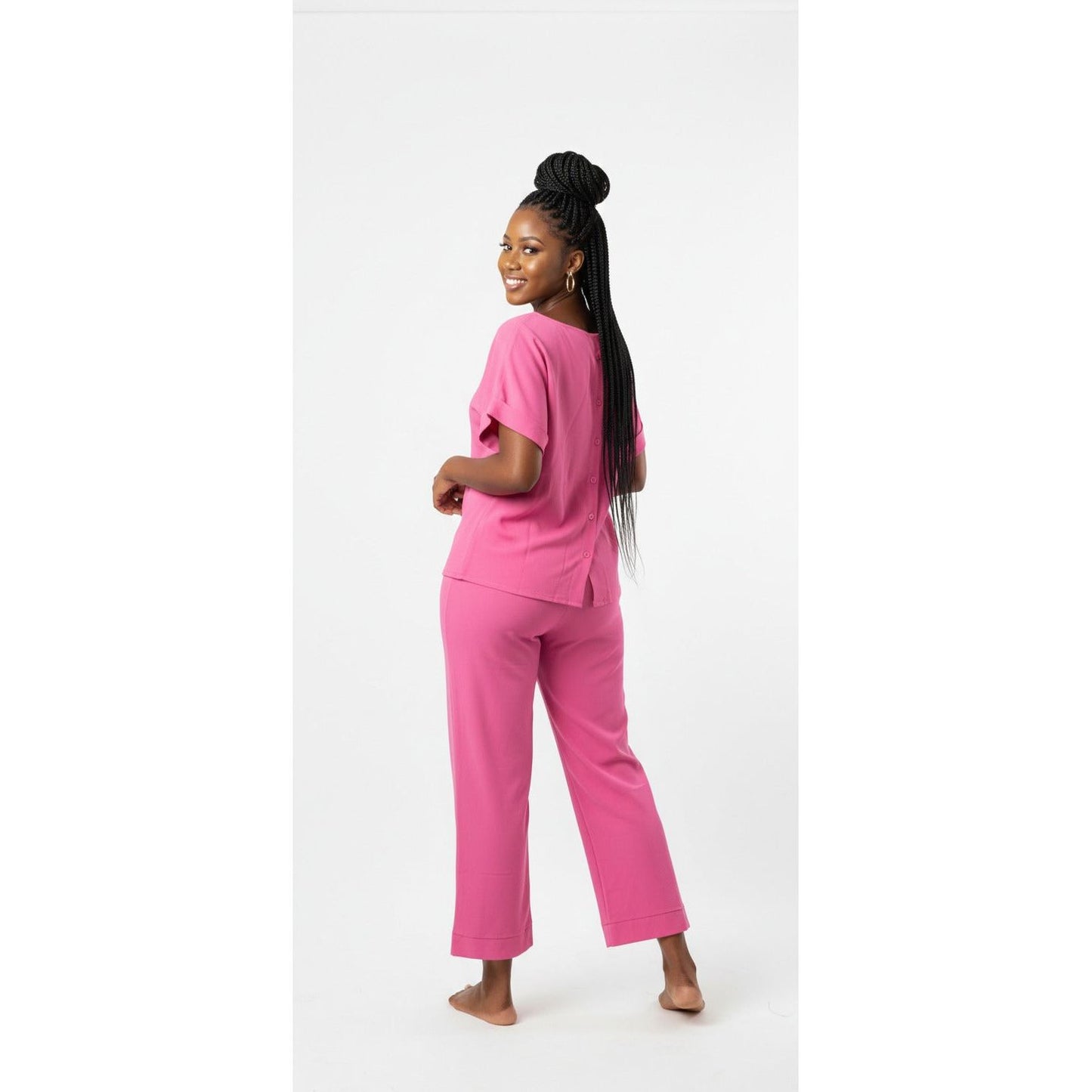 Placket Crew Neck Pullover Top Wide Leg Pants Casual Set