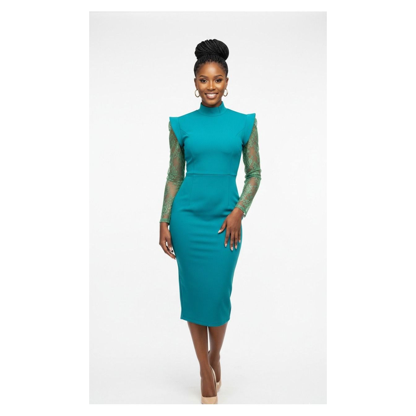 Teal High-neck Pencil Dress with Lace Sleeves