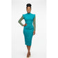Teal High-neck Pencil Dress with Lace Sleeves