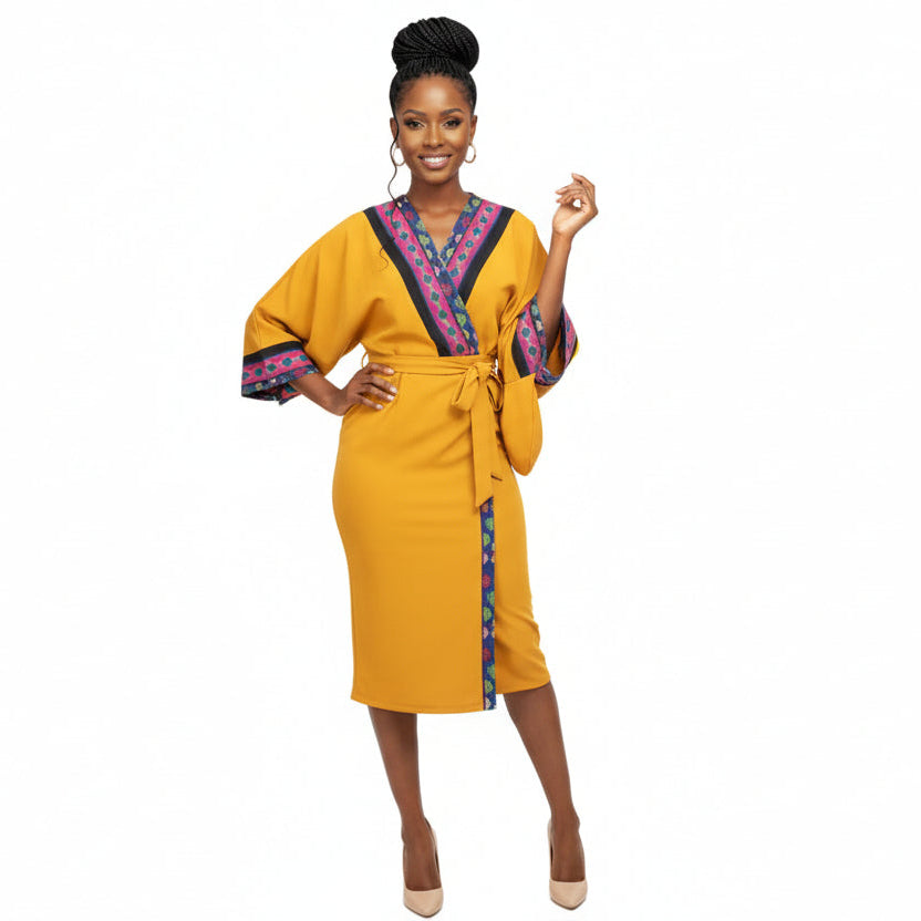 V-Neckline And Belted Waist Knee Dress