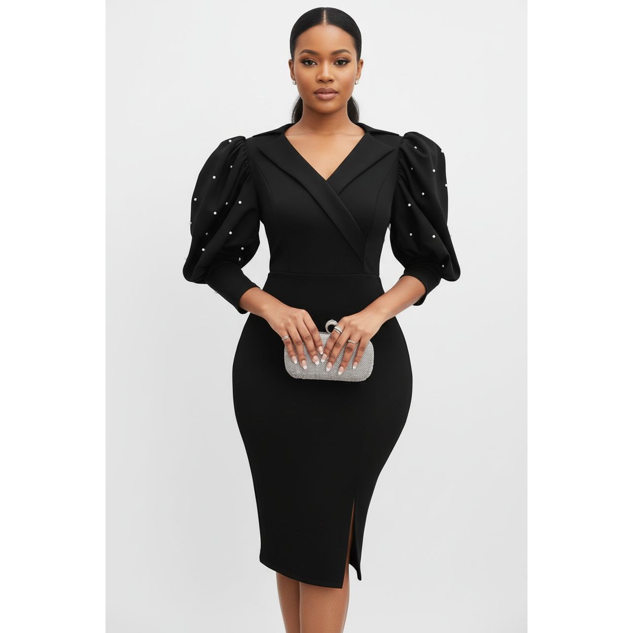 Pearl-Embellished Puff Sleeve Bodycon Midi Dress