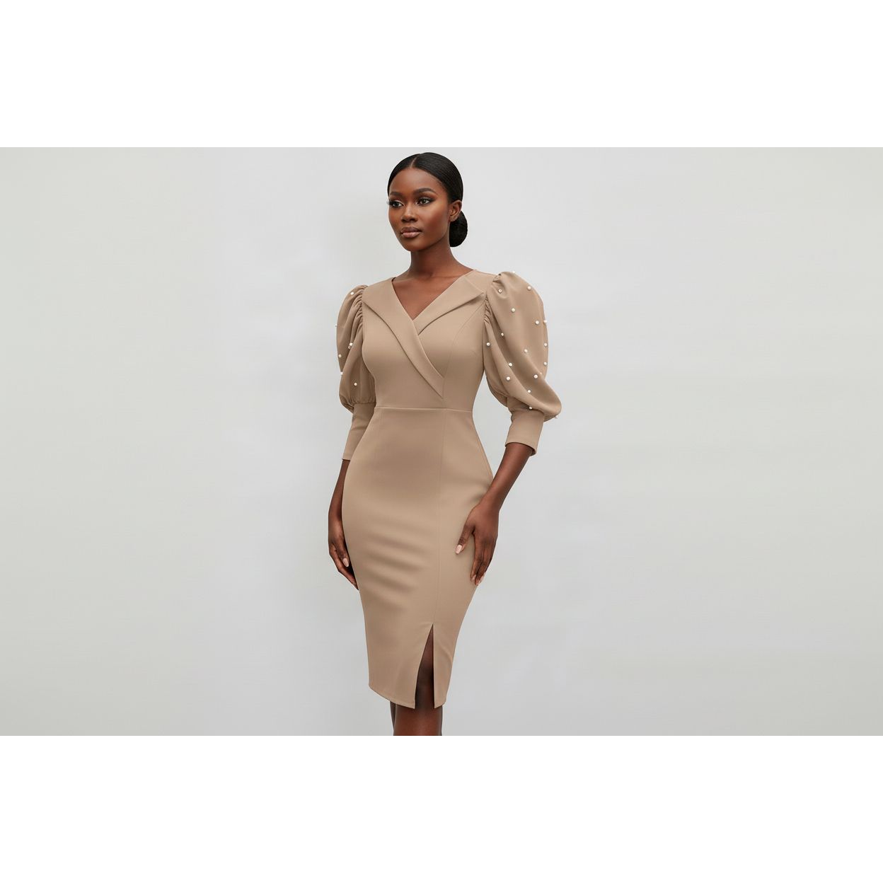 Pearl-Embellished Puff Sleeve Bodycon Midi Dress