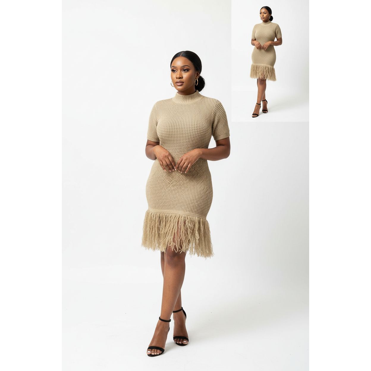 Short-Sleeve Knitted Tassel Mini Dress