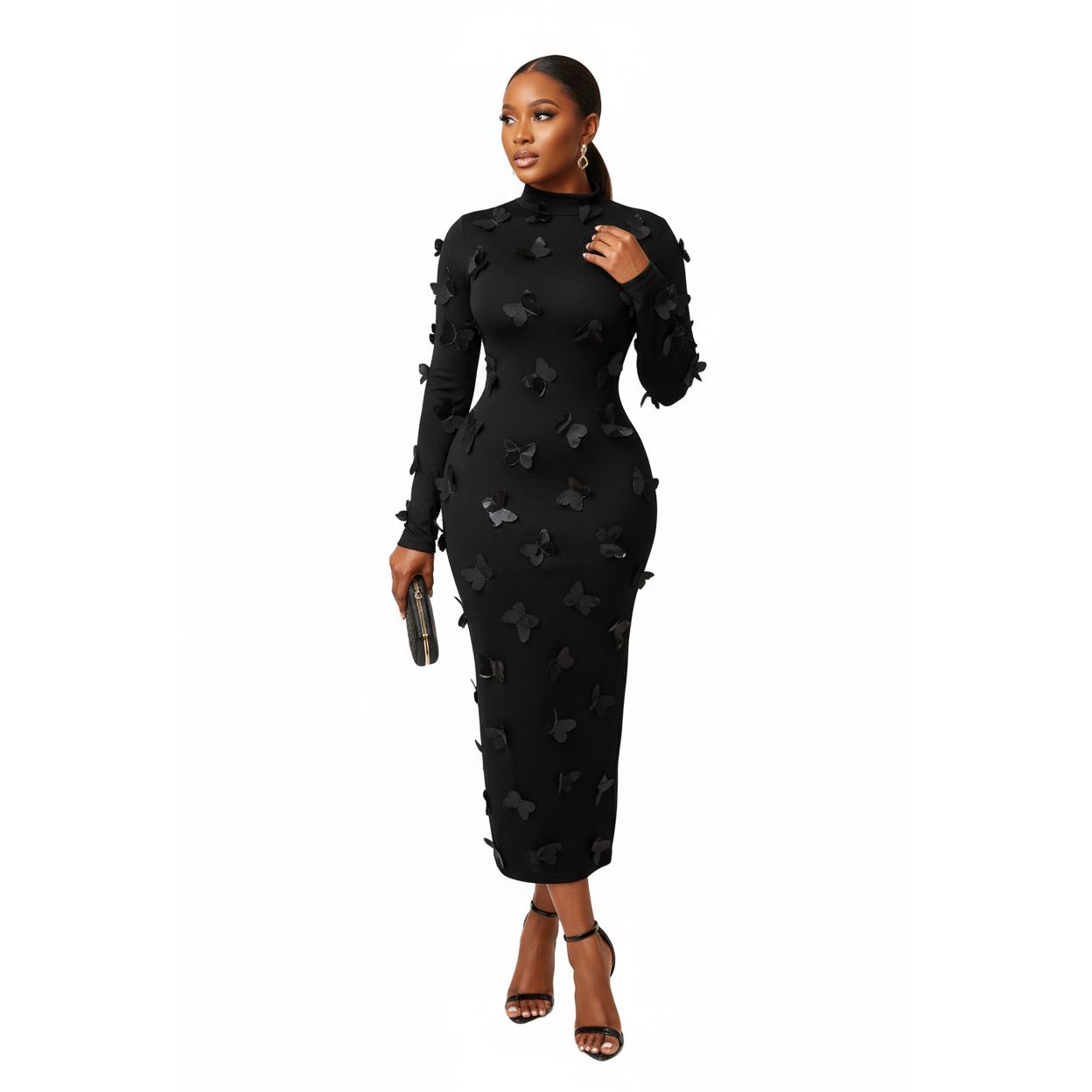 Asymmetric Butterfly Long Sleeve Mesh Midi Dress