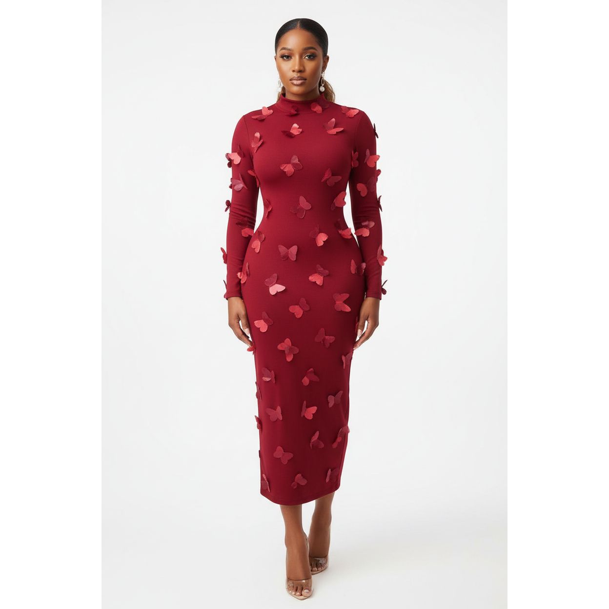 Asymmetric Butterfly Long Sleeve Mesh Midi Dress