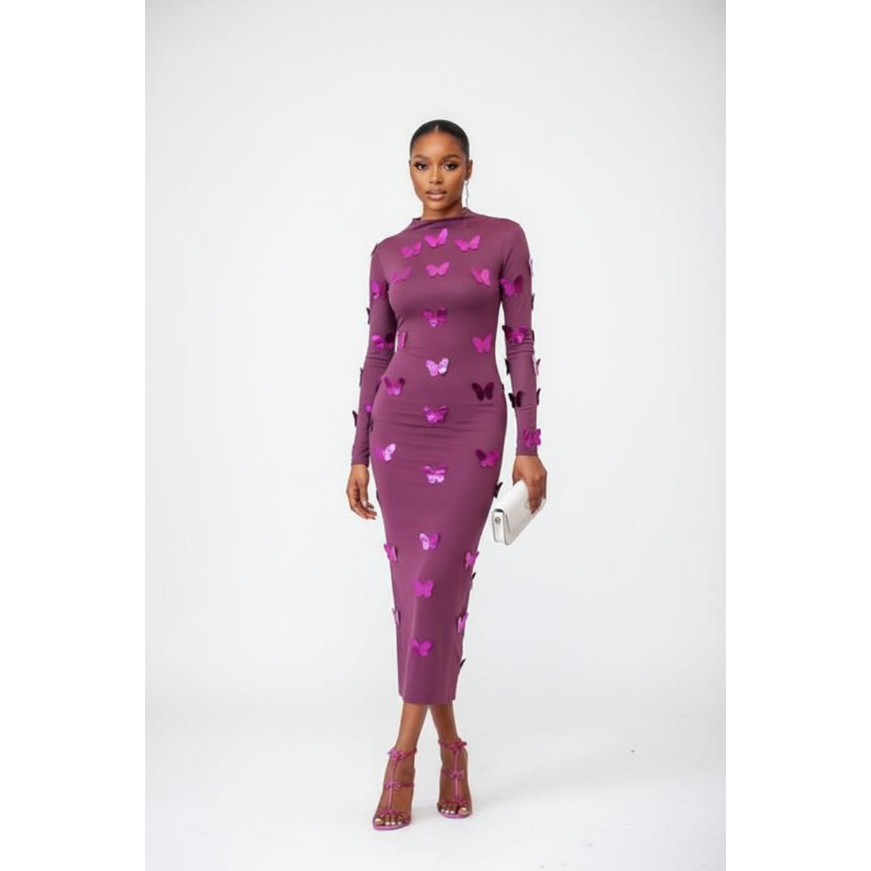 Asymmetric Butterfly Long Sleeve Mesh Midi Dress