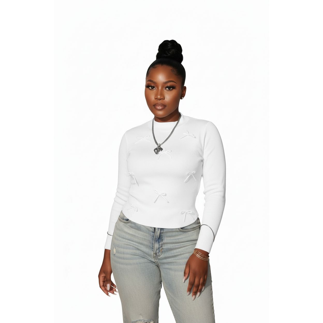 Bow Long-Sleeve Mock Neck Top