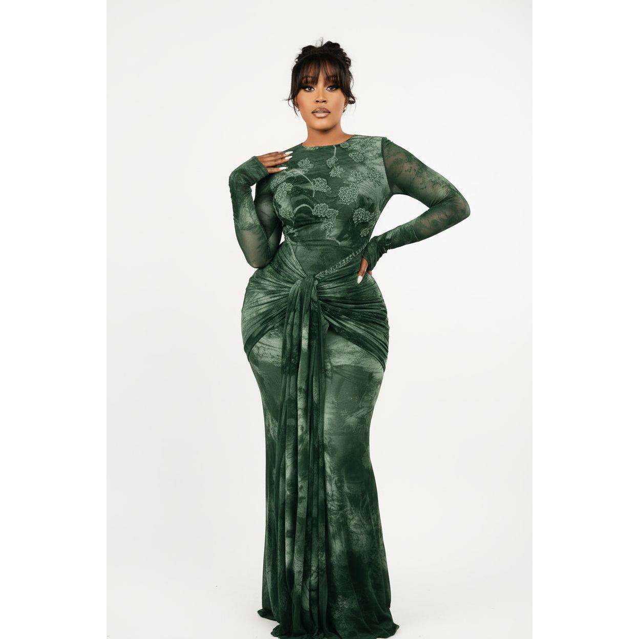 Draped Knotted Waist Mesh Maxi Dress