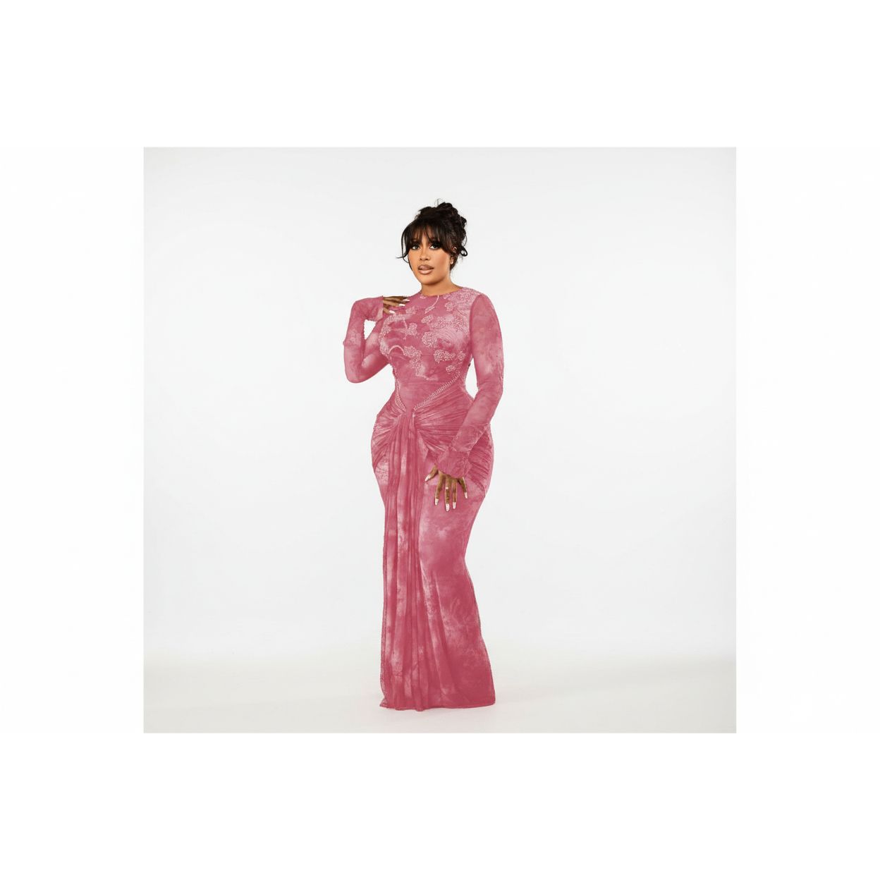 Draped Knotted Waist Mesh Maxi Dress