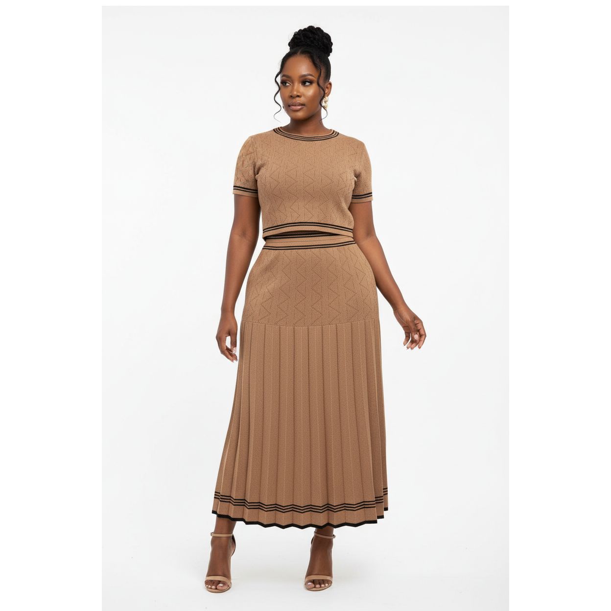 Striped Knitted Midi Skirt & Short-Sleeve Top