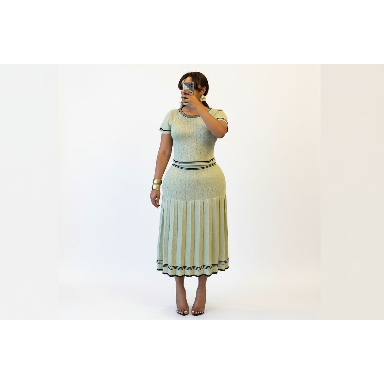 Striped Knitted Midi Skirt & Short-Sleeve Top