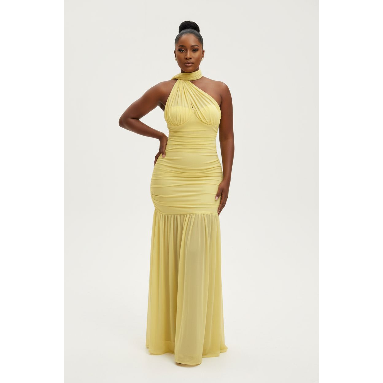Scarf Style Ruched Mesh Maxi Dress