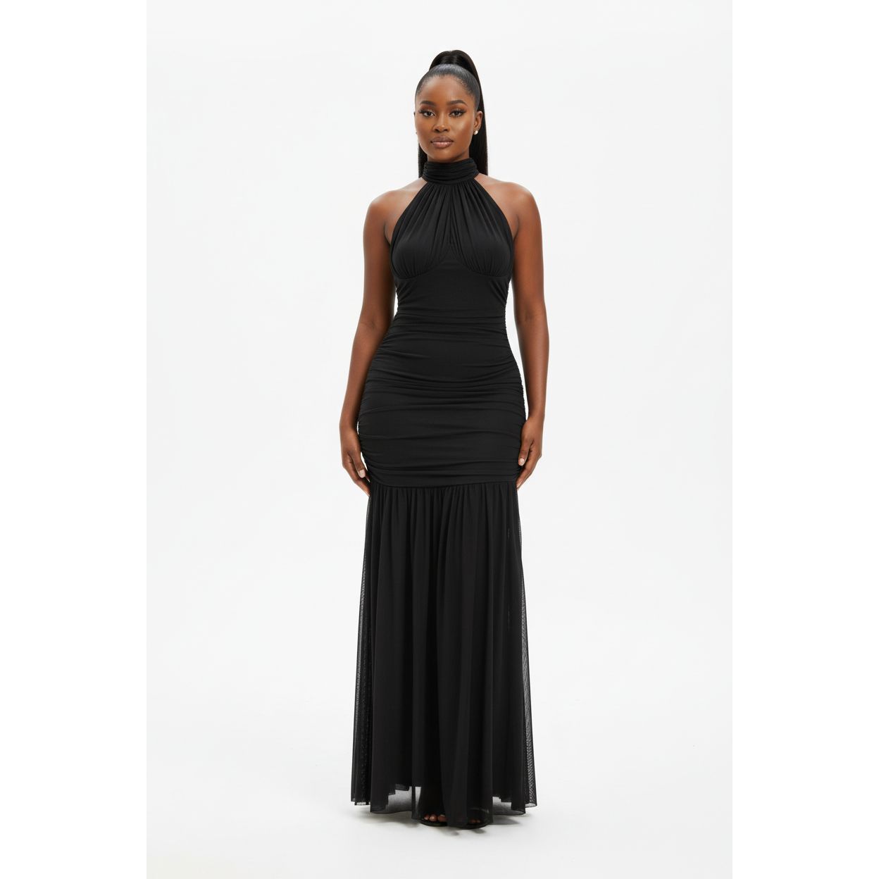 Scarf Style Ruched Mesh Maxi Dress