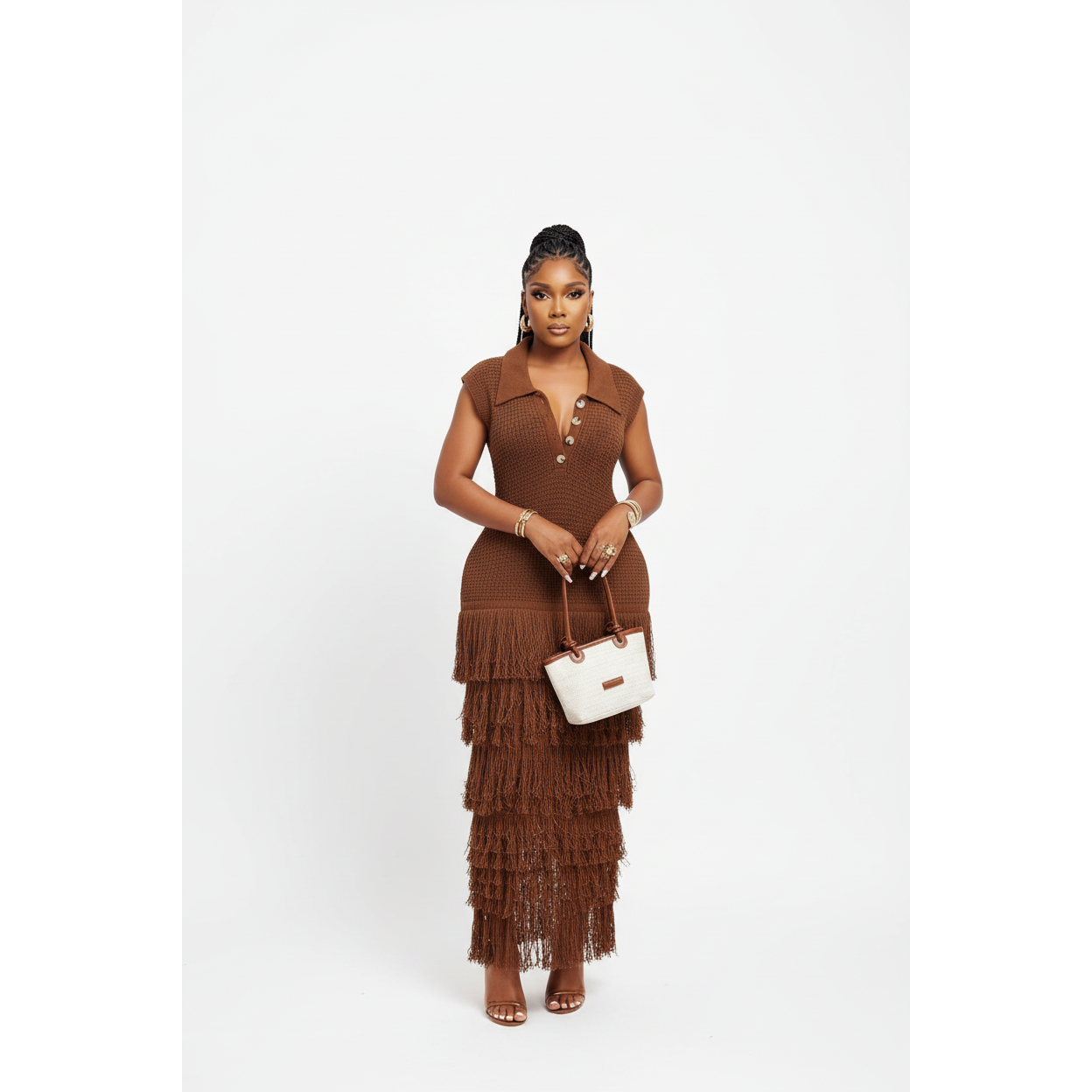 Lapel Knitted Fringe Maxi Dress