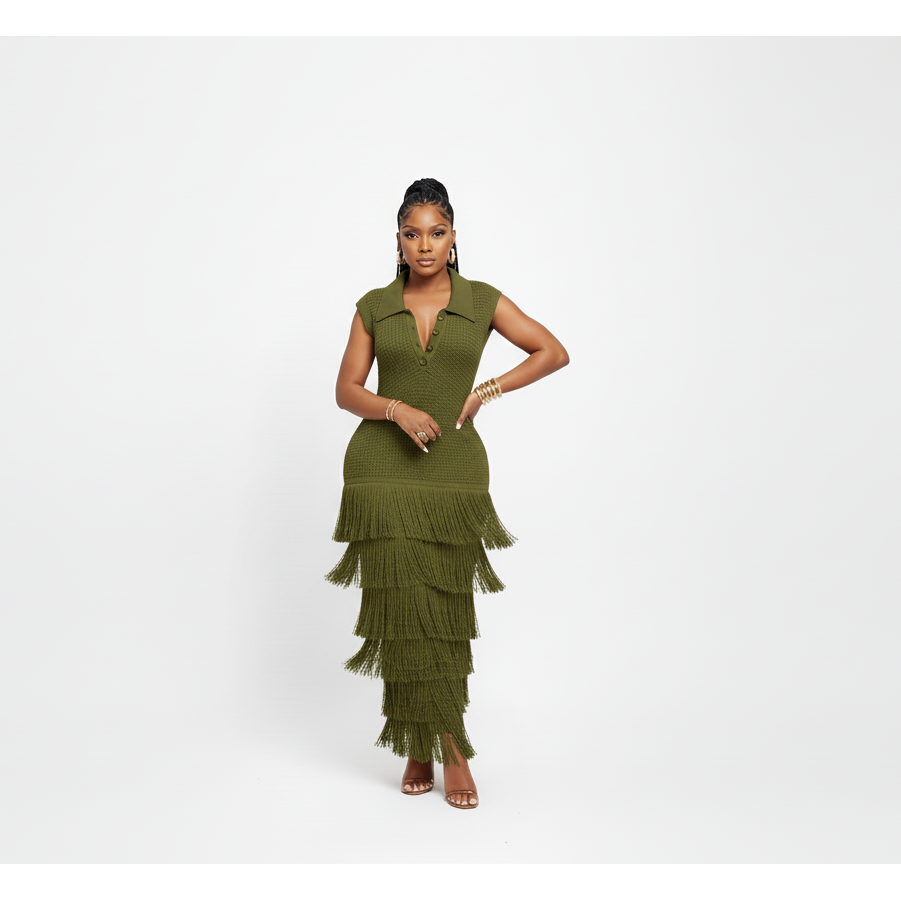 Lapel Knitted Fringe Maxi Dress