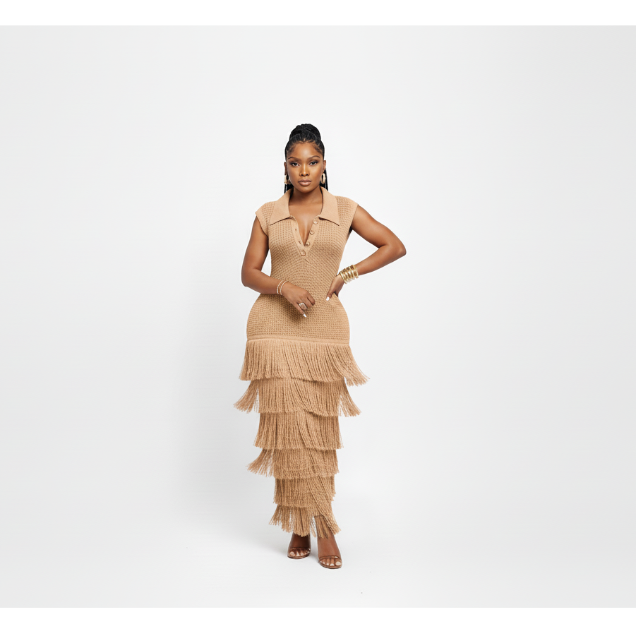 Lapel Knitted Fringe Maxi Dress