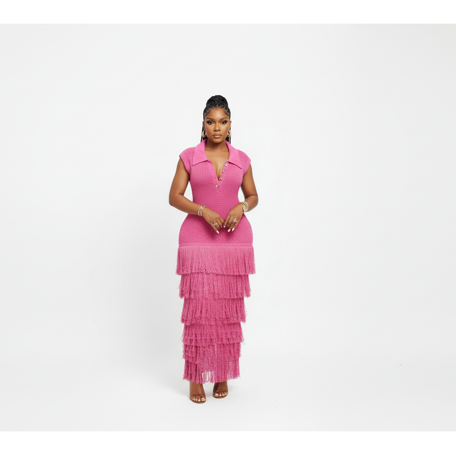 Lapel Knitted Fringe Maxi Dress