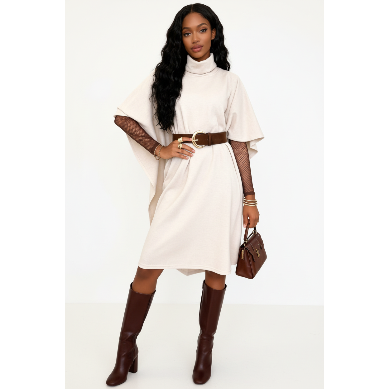 Half-Sleeve Bottle-Neck Poncho Dress