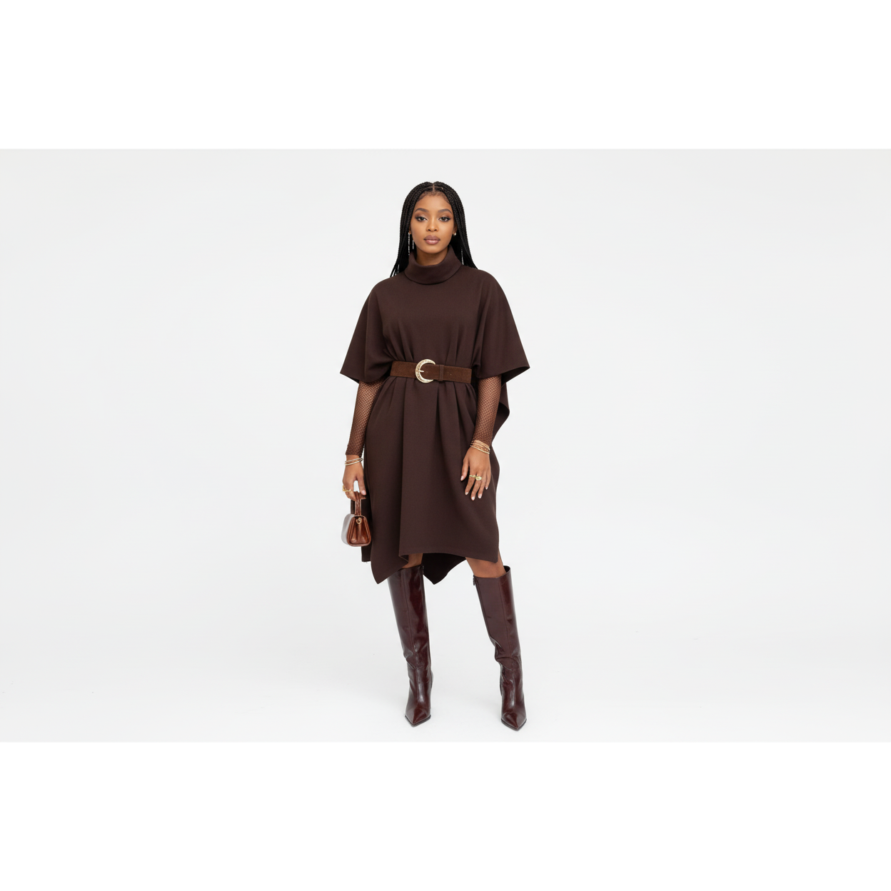 Half-Sleeve Bottle-Neck Poncho Dress