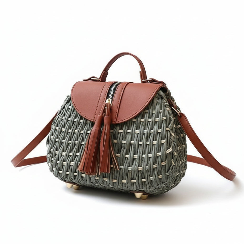 2 Tone Straw Weave Shoulder Handbag