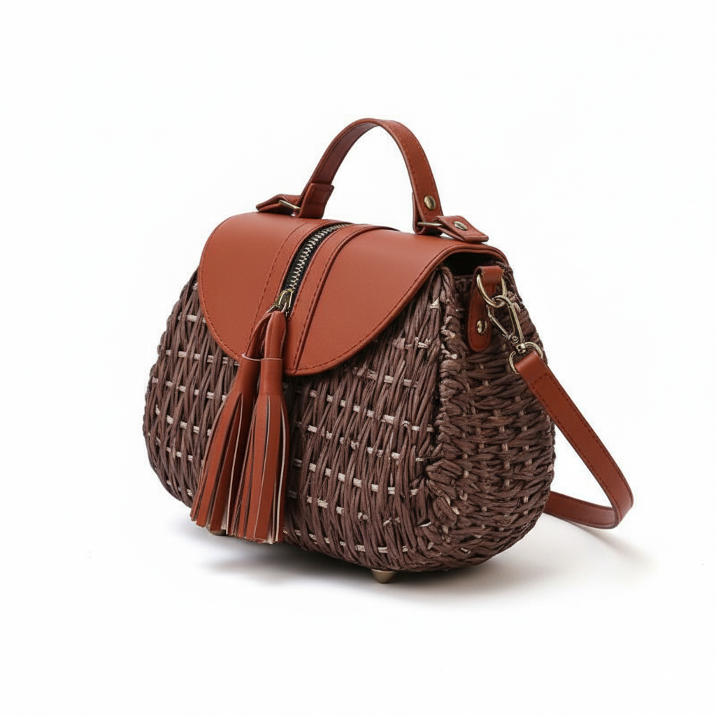 2 Tone Straw Weave Shoulder Handbag